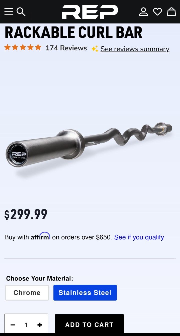 Rep Fitness Rackable Stainless Steel Curl Bar