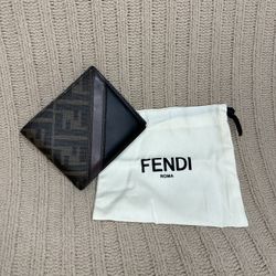 FENDI DIAGONAL BI-FOLD WALLET BROWN FABRIC FF ROMA MADE IN ITALY DUST BAG INCLUDED