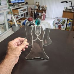 Beautiful Clear Stained Beveled Glass Angel With Large Faceted Green Gemstone 8.75" X 6"