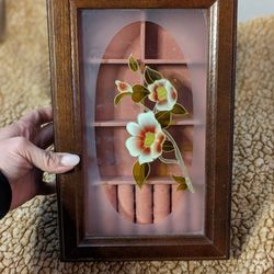 Vintage Wooden Jewelry Box Floral Painted Window Pane w removable tray