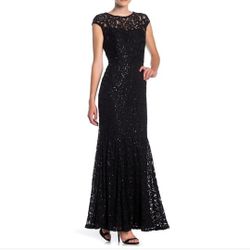 MARINA Sequin Lace Cap Sleeve Mermaid Black Gown Dress Womens Small S
