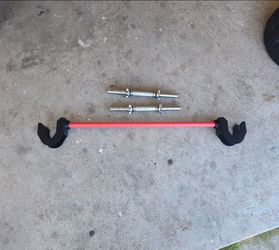 The red bar and dumbbells for $35.      PivotBar Dumbbell Barbell Converter Bar, Self-Balancing Rotating Ends, Convert Dumbbell Bar To Barbell Set, Fu