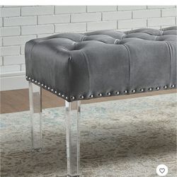 Gray Velvet Bench Clear Legs 