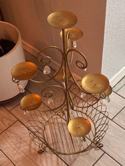 Vintage Gold Brass Multi Candelabra Candle Holder Stand Crystal Prisms Basket Base