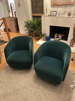 Pair of Turquoise Velvet Swivel Arm Chairs