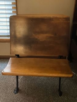 Two Antique Silent Giant Industrial Child School Desk Folding Chair Cast Iron & Wood