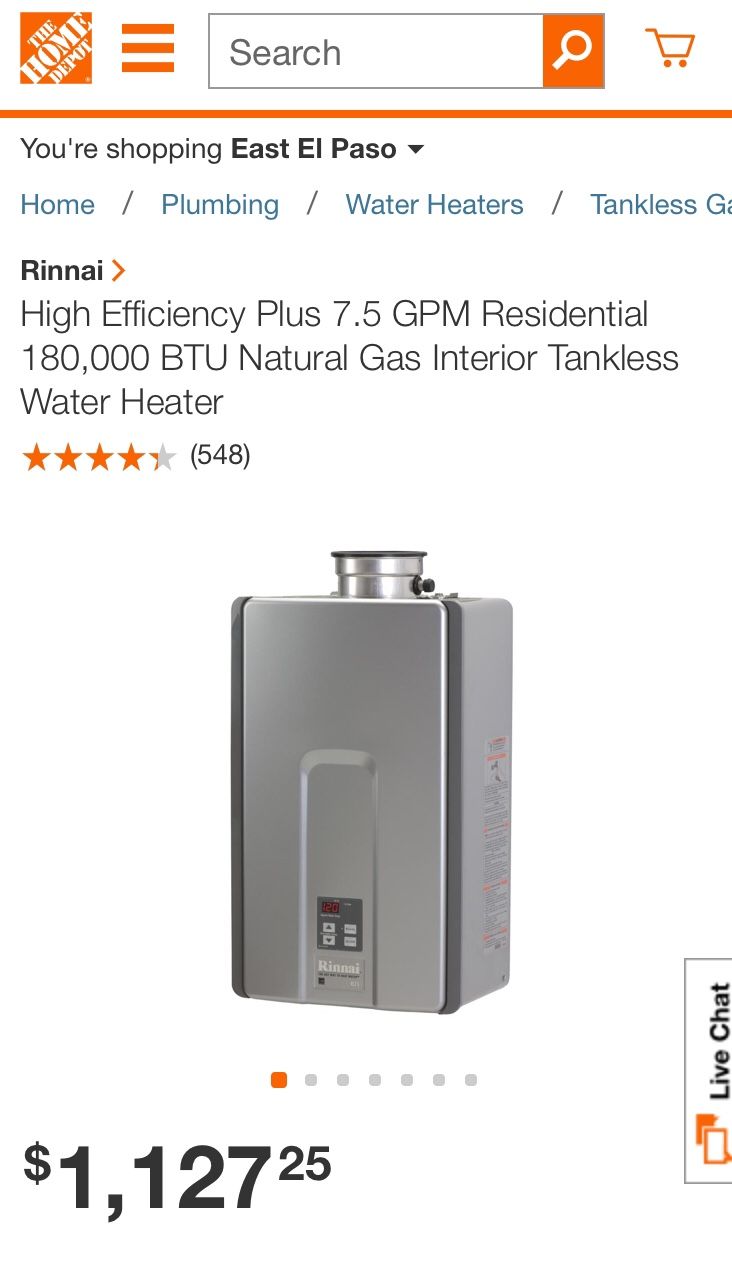 Rinnai 7.5 GPM Natural Gas indoor Tankless water heater for Sale in El