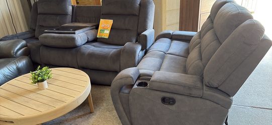 Manual reveling blue sofa and love seat