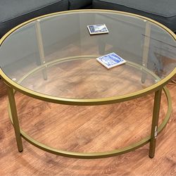 Verazano 36 in. Gold 16.5 in. H Round Glass Top Coffee Table
