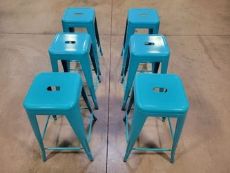 Set of 6 Teal / Turquoise Metal Counter Stools (26.5" Height) - Industrial Style