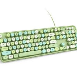 Brandnew Wired Computer Keyboard - Blue Colorful Retro Full Size Round Keycaps Plug and Play Typewriter Cute Keyboards for Windows, Laptop, PC, Deskto