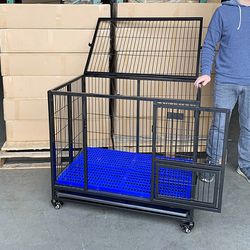 (NEW) $120 Folding Dog Cage 37x25x33” Heavy Duty Single-Door Kennel w/ Plastic Tray 