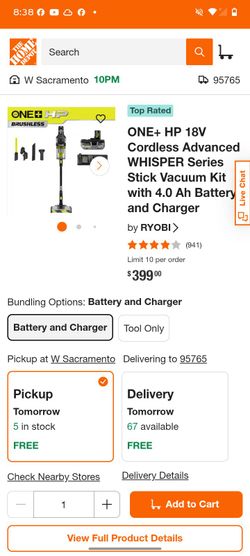 Ryobi ONE+ hp cordless stick vacuum with battery and charger