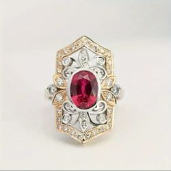 Uniquely Designed Vintage Style Gold Silver Tone Red Gemstone Ring