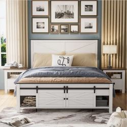 Farmhouse Wood Bed Frame Queen Size with Sliding Barn Door Storage Cabinets and Headboard, Solid Wood Slats Support,Bed Frame