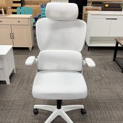 Modern ergonomic office chair in white, featuring a breathable mesh back with built-in lumbar support, adjustable 3D headrest, flip-up rotating armres