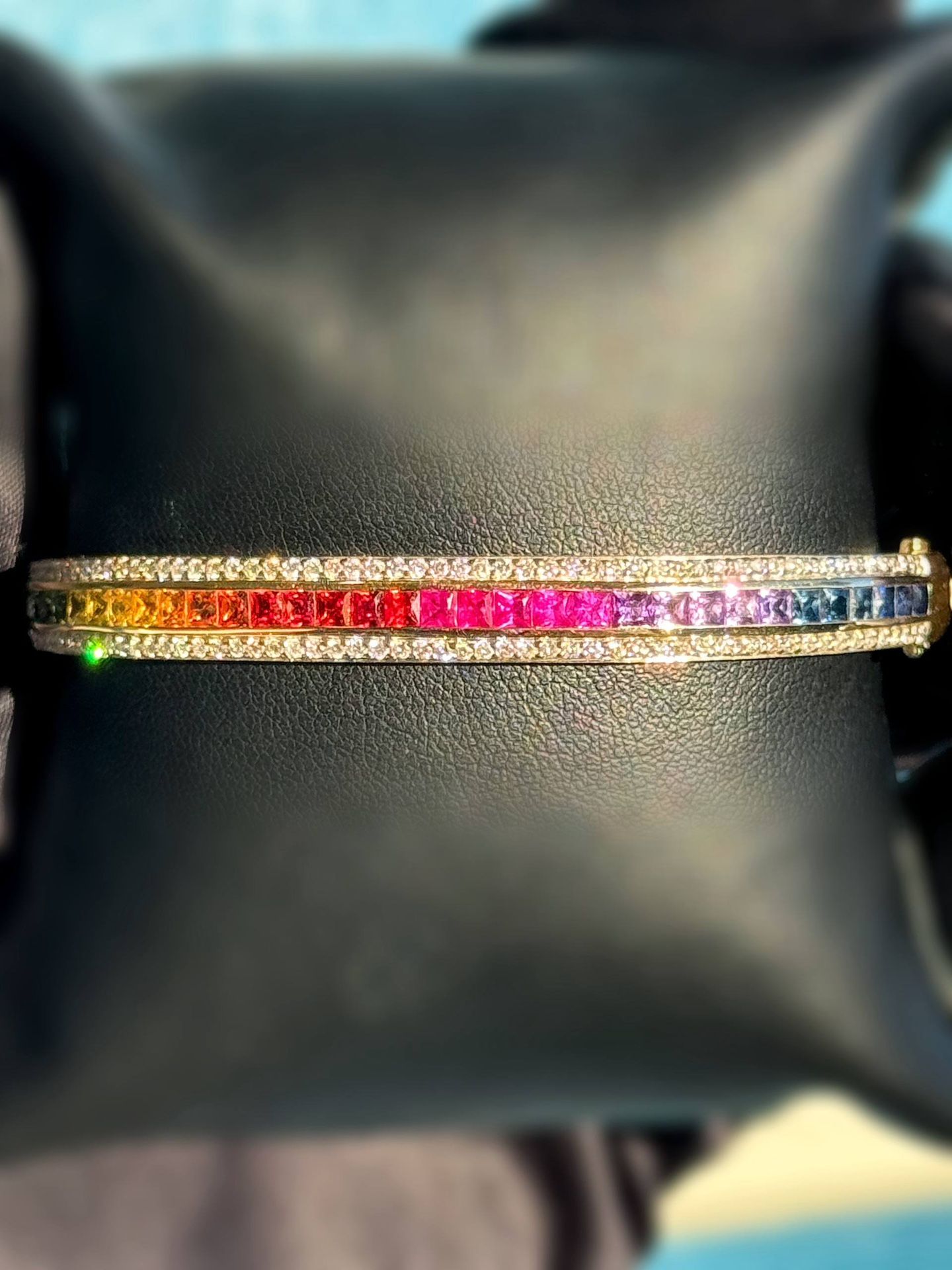 UGL certified 18k yellow gold Rainbow Natural 3CTW Multicolor Princess cut Sapphire 1CTW Diamond Stone bangle bracelet