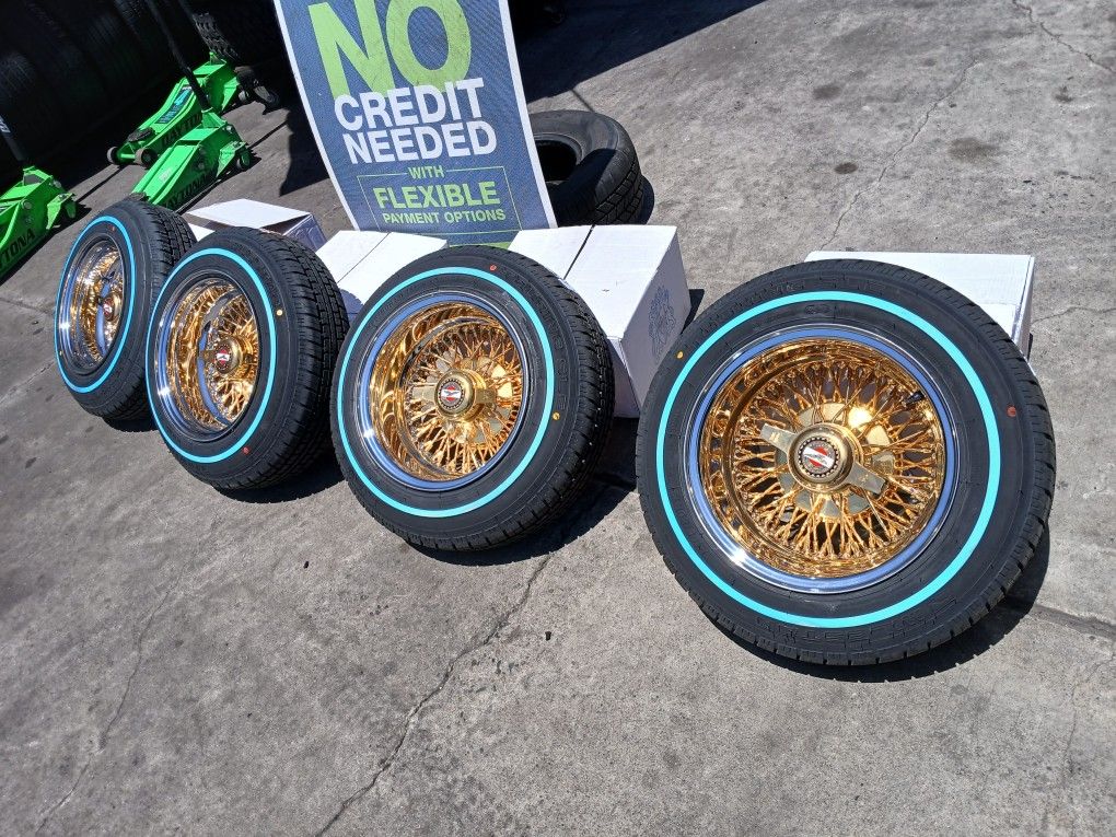 Wire Wheels 13x7 Gold And Tires 155 80R13 Knockoffs Gold Adapter $2200×4