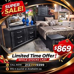 4 Piece Queen Size Bedroom Set ( Included Bed Frame , Dresser,  Mirror ,Nightstand )