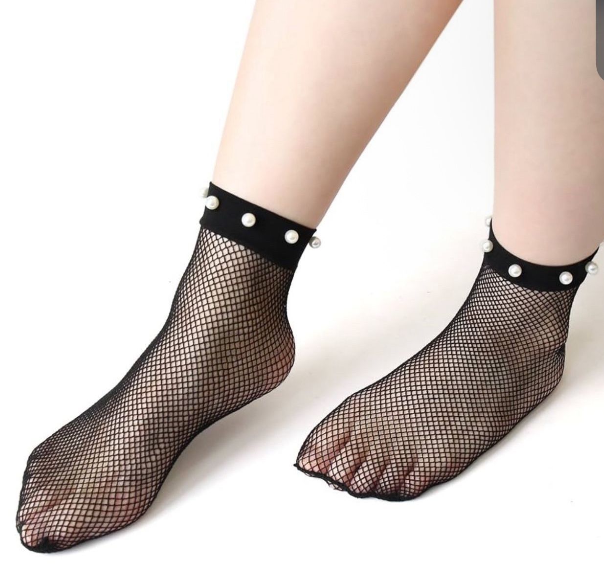 Women Girl Black Lace Ruffle Fishnet Ultrathin With Elastic Breathable Ankle Socks Hosiery Set (Fishnet with Pearl
