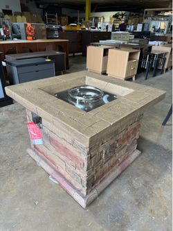 Brand new Outdoor Propane Fire Pit Table w Faux Brown Ledgestone 32-inch Square Fire Table, Certified, 50,000 BTU Stainless Steel Burner, Free Lava Ro