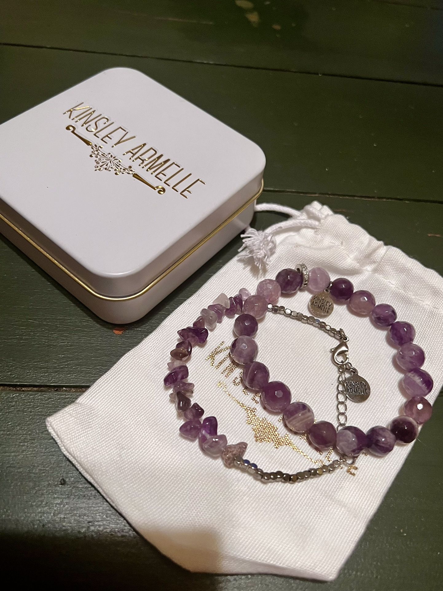 2 BRAND NEW Silver Royal AMETHYST Bracelets By KINSLEY ARMELLE Chip Collection - Silver Beads & Adjustable Size Small To Medium Bracelet - RETIRING