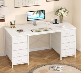 50”Computer Desk with Power Outlets, Work Study Gaming Desk with 8 Fabric Drawers, White