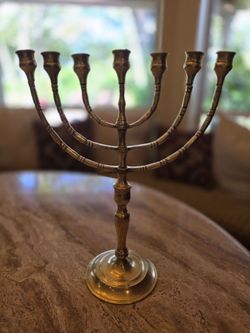 Vintage Solid Brass 7 Branch Menorah Temple Candelabra Judaica Candle Holder 17"