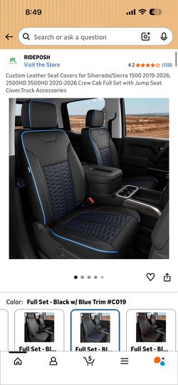 RIDEPOOSH Custom Leather Seat Covers Silverado Sierra Crew Cab Black Blue 2019-2026