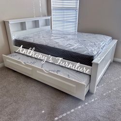 White Queen Bed With Trundle And Mattresses 