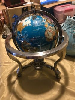 Vintage Gemstone Globe with Turquoise Ocean with multi-colored semi-precious gemstone continents and Compass in bottom of Tripod Stand. 15.5" Tall.