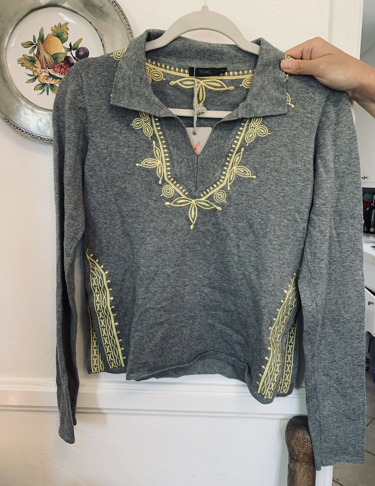 Thml Xs Grey Long-sleeved Top With Yellow Embroidery