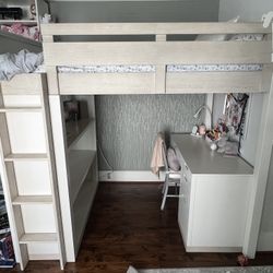 Rhys Loft Bed with Desk Set, Full, Weathered White/Simply White