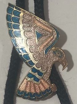 Vintage Metal Bolo Tie, Silver and Blue Turquoise Stones Design, Ethnic Eagle, Roccoco, 2" x 1", Nice Design, Quality, Heavy Duty, Country & Western, 