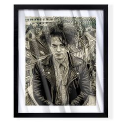 Custom art piece of Robert smith lead singer of the cure on black frame