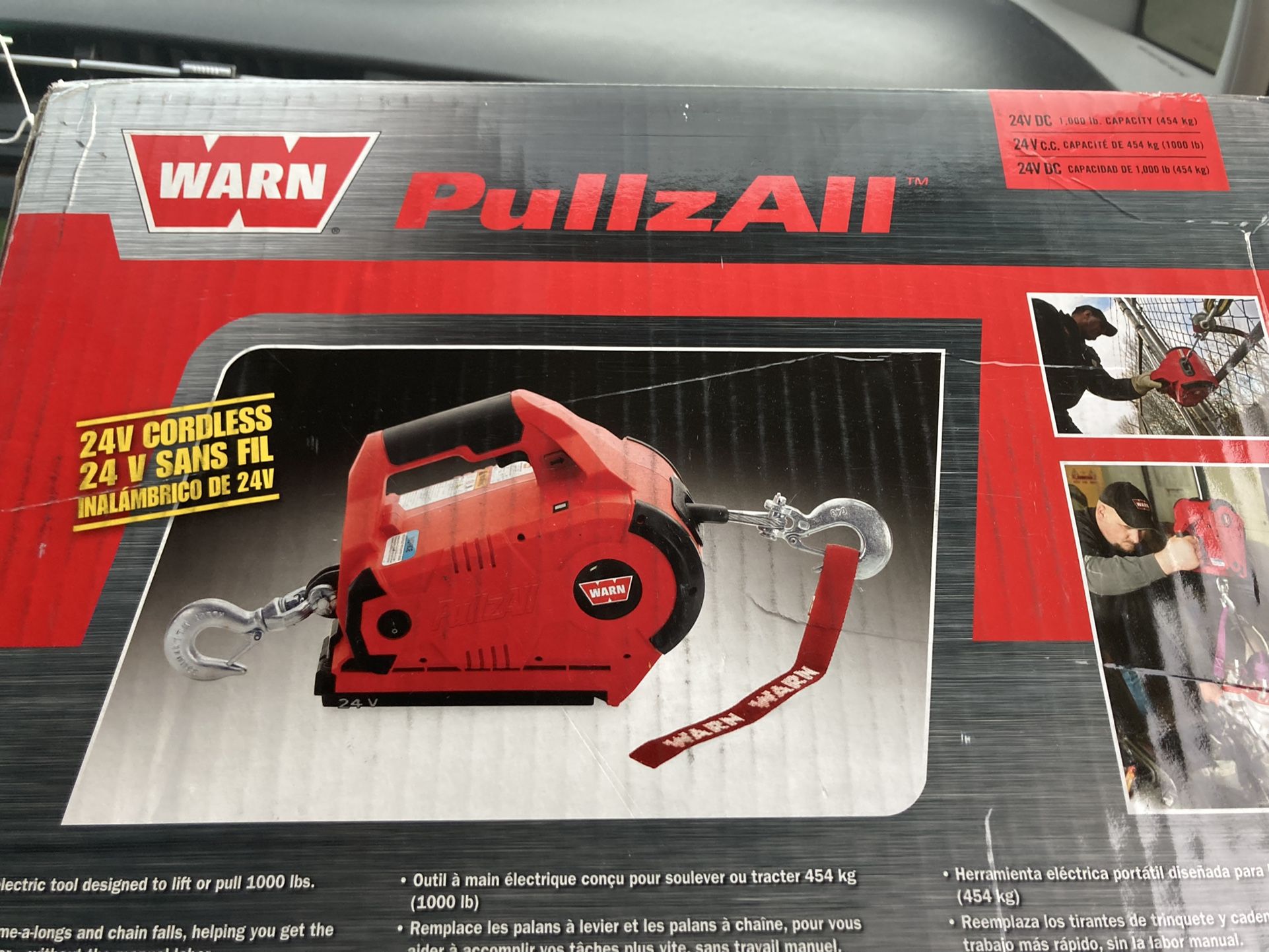 WARN 885005 PullzAll Cordless 24V DC Portable Electric Winch with Steel Cable and 2 Rechargeable Battery Packs: 1/2 Ton (1,000 lb) Pulling Cap