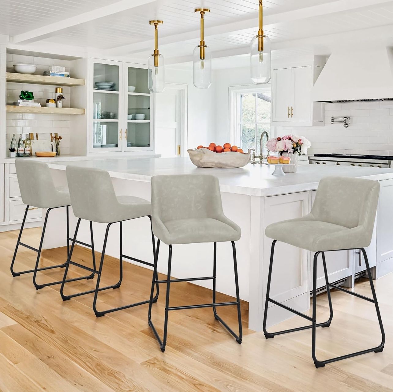 Grey 26 Inch Counter Height Bar Stools Set of 4, Faux Leather Upholstered Barstools, Bar Stool with Back, Comfortable Bar Chairs, Modern Counter S