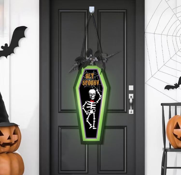 Halloween Led Coffin Door Sign lights, Halloween Wreaths for Front Door, Light Up Skeleton Scary Pumpkin Lamp, Seasonal Hanging Plaque for Porch Wall