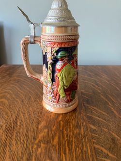 Vintage Original Gerz Gerzit West Germany Beer Stein Pewter Lid Tavern Scene
