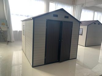 8x8x7.6FT Outdoor Resin Storage Shed with Windows, Strong Aluminum Frame & Floor for Garden, Backyard Organization (White+Brown)