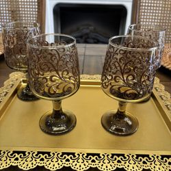 Four Mcm Vintage Libbey Wine Glasses With beautiful Scroll Work Design 