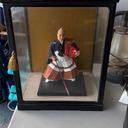 Ceramic Japanese samarai In Glass Case