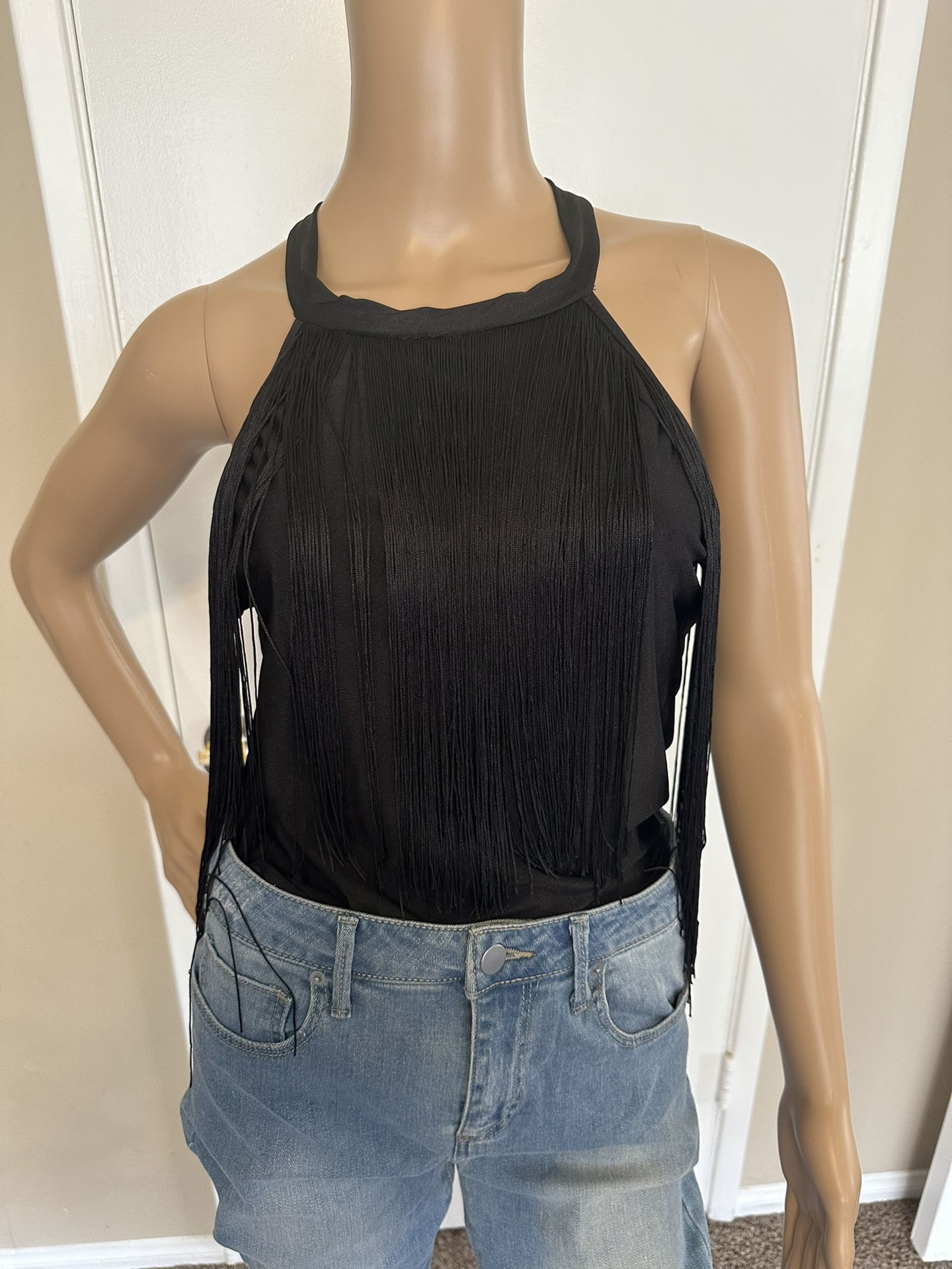 Women’s Black Fringe Bodysuit Size Large 