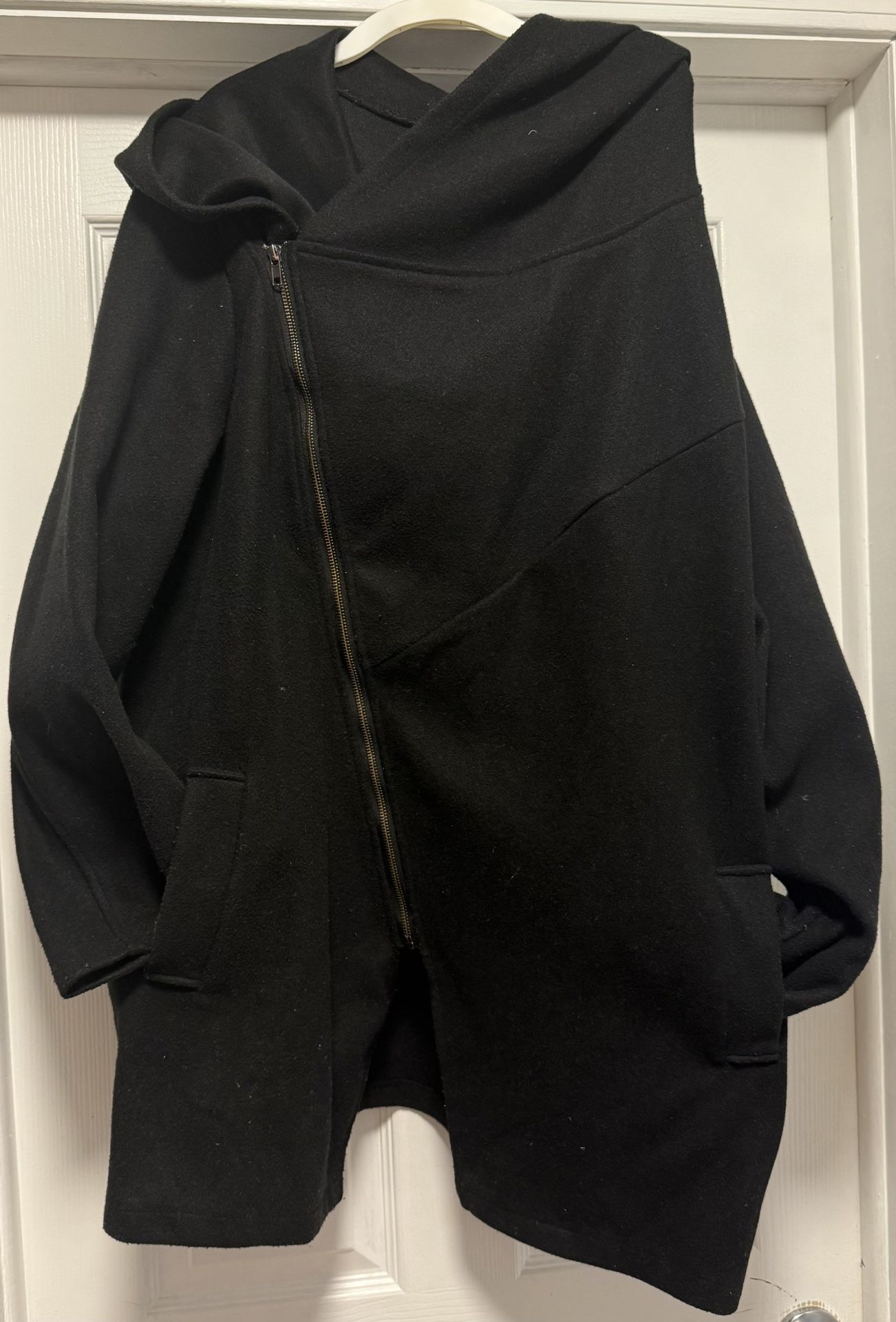 Modern Black Asymmetrical Zip Coat with Oversized Hood – Size XXL