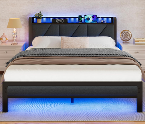 Furnulem Full Bed Frame with LED Lights & Charging Station