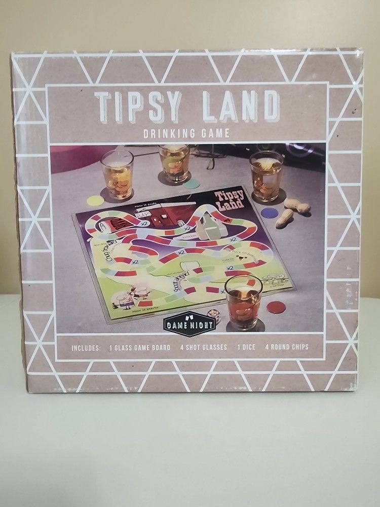 Game Night TIPSY LAND Drinking Game. Glass Board And 4 shot glasses NEW 