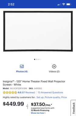 120” Insignia Home Theater Fixed Projector Screen. Asking $250, retails for $450