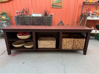 Entertainment Center Dark Walnut Wood Laminate, with Open Storage  Cubbies,  and Cord Management Portals