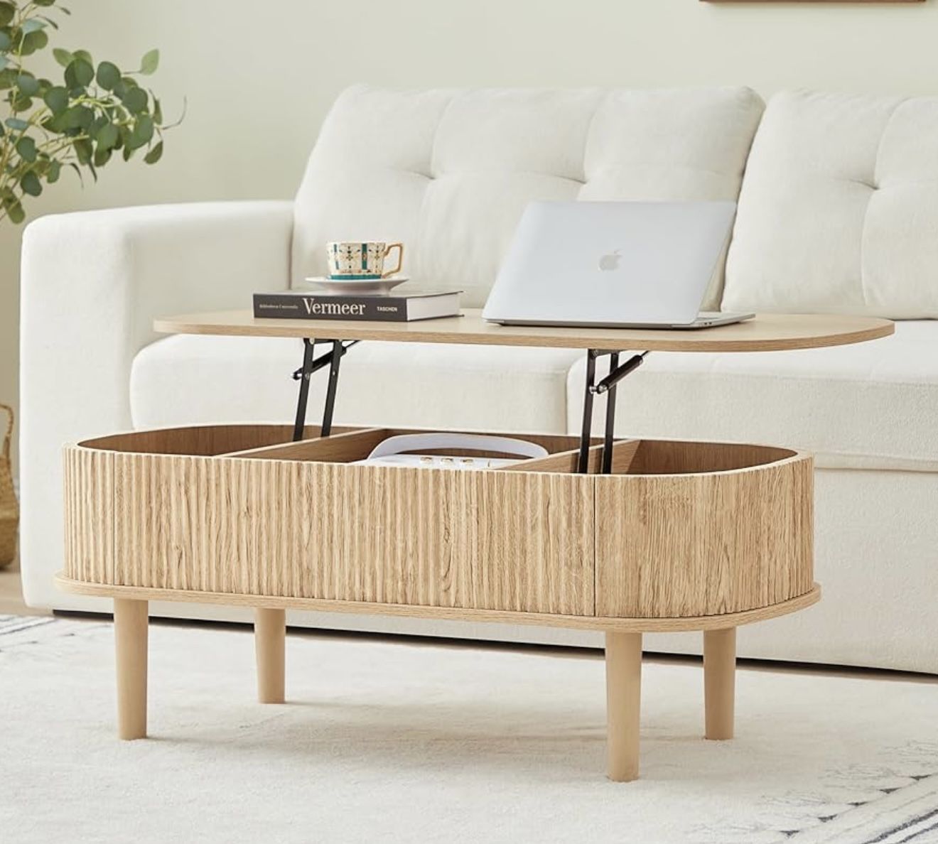 Fluted Lift Top Coffee Table with Hidden Compartment, Fully Assembled Wooden Center Table, Modern Oval Lift Tabletop for Home Living Room Office, Natu