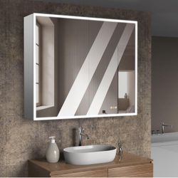 42”W x 36”H Medicine Cabinets for Bathroom with Mirror, Surface Mounted LED Medicine Cabinets Organizer with Defogger, Dimmer, Outlets & USB, Double D